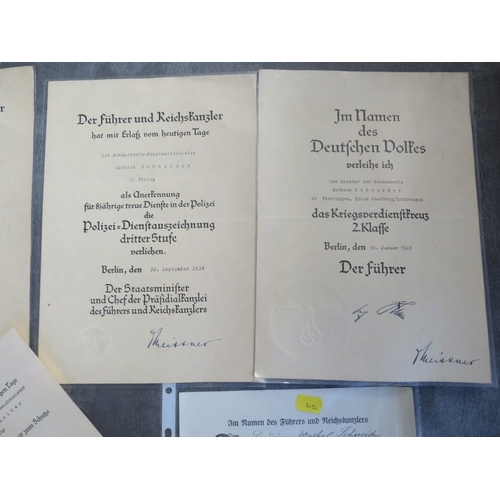 179 - A GROUP OF FIVE WWII GERMAN CITATIONS TO MATHIAS SCHNEIDER (GENDARMERE), for veterans cross 1935, 8 ... 