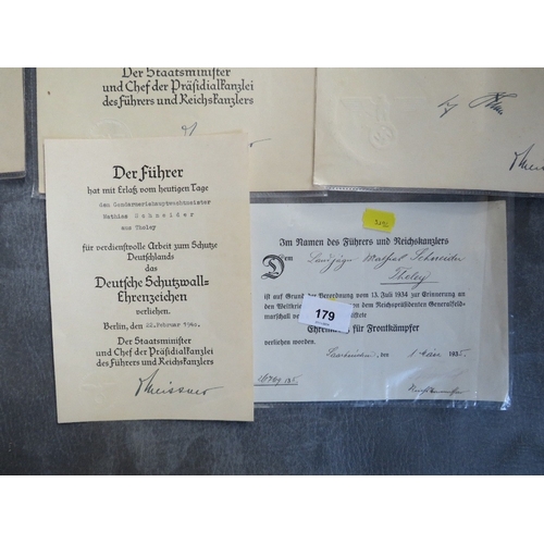 179 - A GROUP OF FIVE WWII GERMAN CITATIONS TO MATHIAS SCHNEIDER (GENDARMERE), for veterans cross 1935, 8 ... 