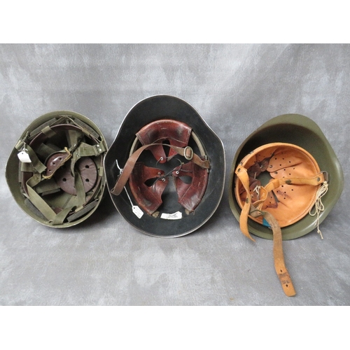 59 - FOUR TIN HELMETS, consisting of a British WW2 era shell, Czech Army, French Para type and WW2 Swiss ... 