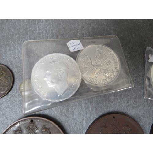 81 - A BAG OF COINS AND MEDALLIONS, to include Wolverhampton School Board medals