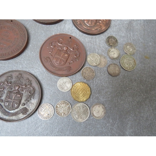 81 - A BAG OF COINS AND MEDALLIONS, to include Wolverhampton School Board medals