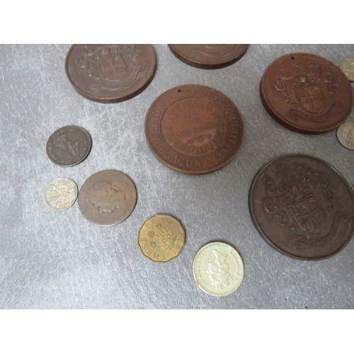 81 - A BAG OF COINS AND MEDALLIONS, to include Wolverhampton School Board medals