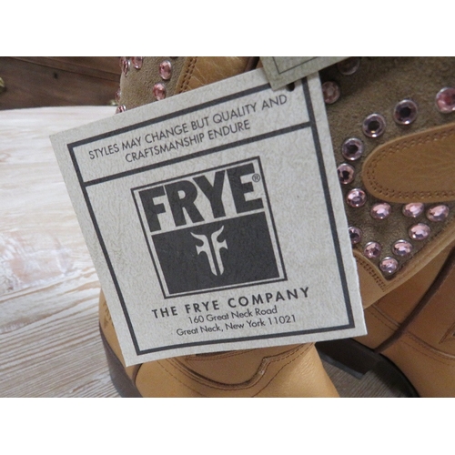 121 - A pair of FRYE hand crafted cowboy boots, light coloured leather with pink rhinestone embellishment,... 