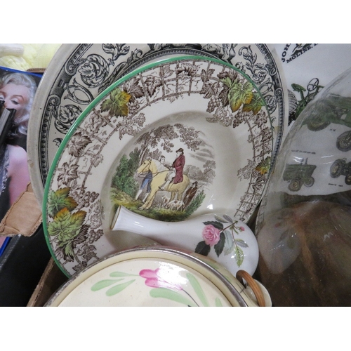 124 - A tray of ceramics and glass, to include a glass dome and base, Babycham glasses, Wedgwood, Royal Cr... 