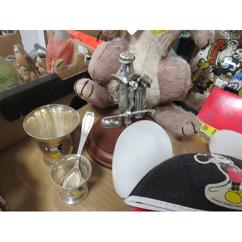 130 - A tray of Disney collectables, to include a vintage Mickey and Pluto mirror, a pewter golfing themed... 