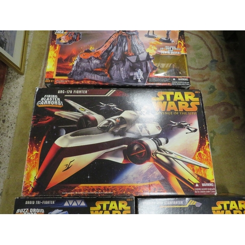 134 - Five boxed Star Wars Revenge Of The Sith items to include ARC 170 Fighter, Mustafar Final Dual plays... 