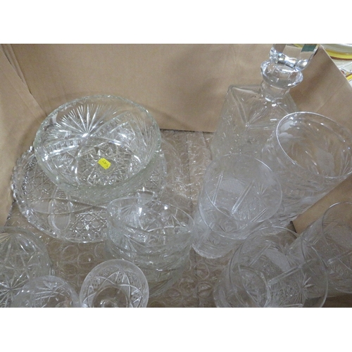 143 - Two trays of assorted cut glass etc to include drinking glasses, decanter etc