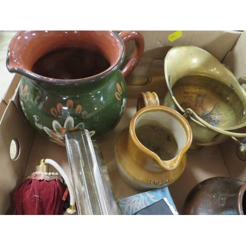 145 - A tray of sundries to include jugs and tankards