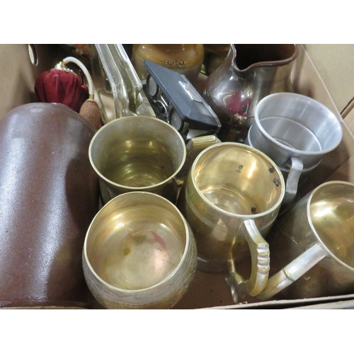 145 - A tray of sundries to include jugs and tankards