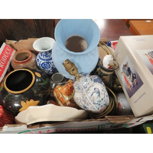 151 - Two trays of assorted ceramics together with a tray of glassware (3)