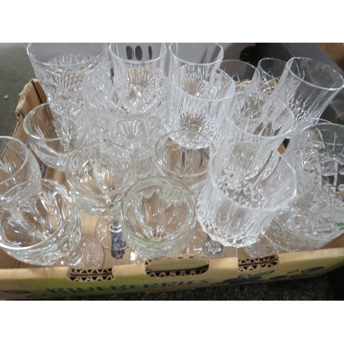 151 - Two trays of assorted ceramics together with a tray of glassware (3)