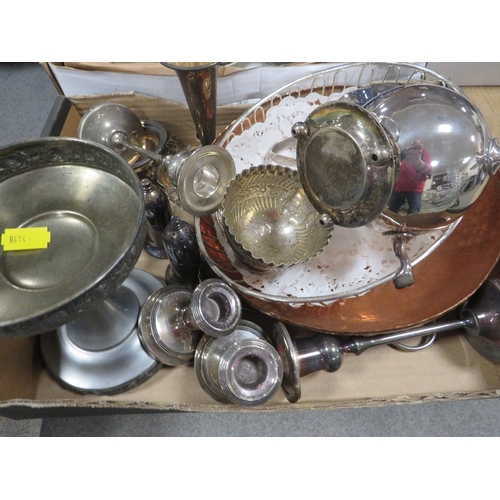 154 - A small tray of assorted metal ware to include a small pair of hallmarked silver squat candlesticks