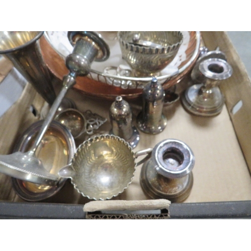 154 - A small tray of assorted metal ware to include a small pair of hallmarked silver squat candlesticks