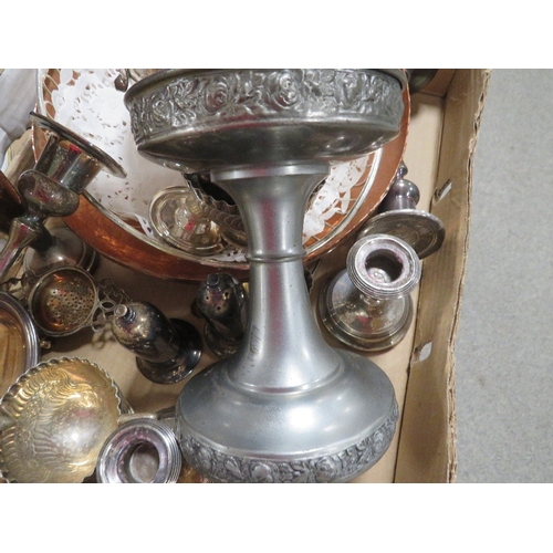 154 - A small tray of assorted metal ware to include a small pair of hallmarked silver squat candlesticks