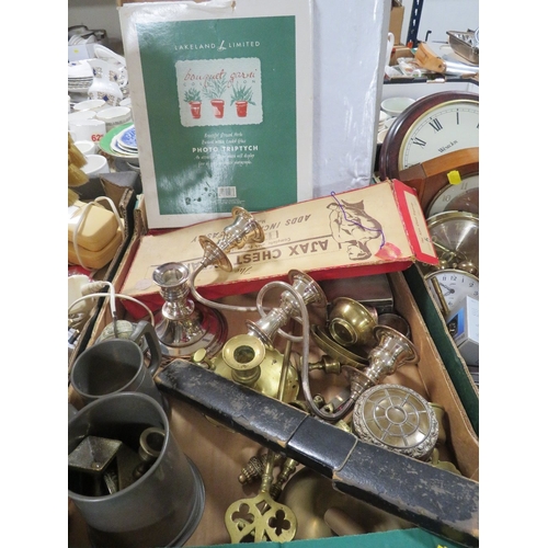 165 - Three trays of collectables and sundries to include metal ware and a tray of assorted clocks