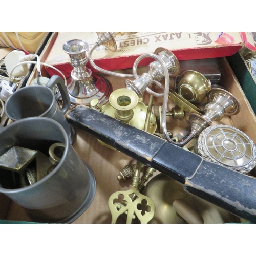 165 - Three trays of collectables and sundries to include metal ware and a tray of assorted clocks