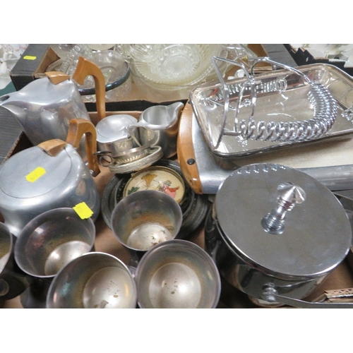 182 - Five trays of assorted glass and metal ware