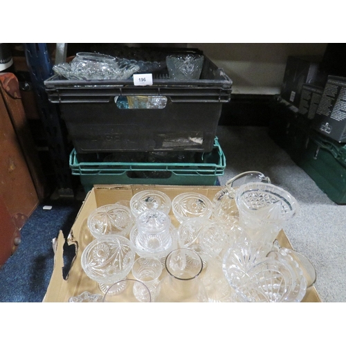 196 - Five trays of assorted glassware to include vases and bowls