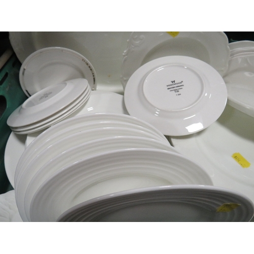 198 - A tray of assorted white dinner ware to include Wedgwood British Airways