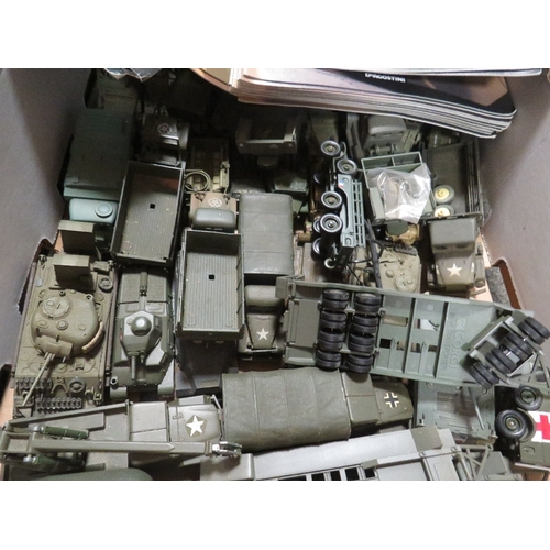 208 - Two trays of mainly Corgi/Solido die cast military vehicles together with a box of Combat tank magaz... 