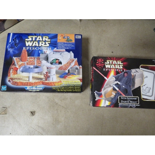 220 - Six boxed Star Wars Episode 1 items to include Podrace arena, Turbo Blast Podracers, Jar Jar Binks/N... 