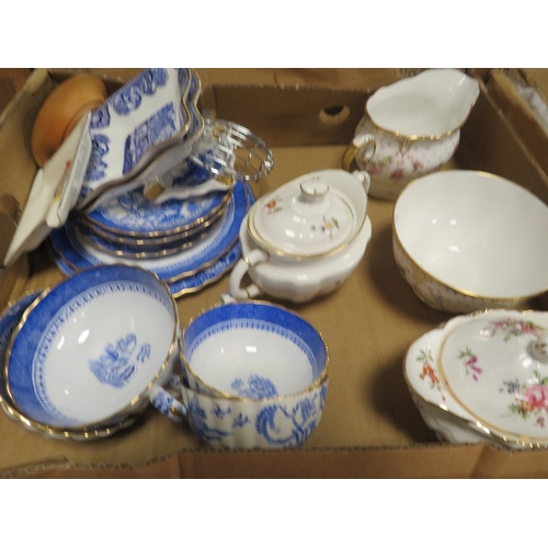 82 - Four trays of assorted ceramics to include Royal Crown Derby, Royal Albert, Royal Doulton etc