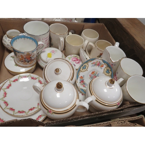 82 - Four trays of assorted ceramics to include Royal Crown Derby, Royal Albert, Royal Doulton etc