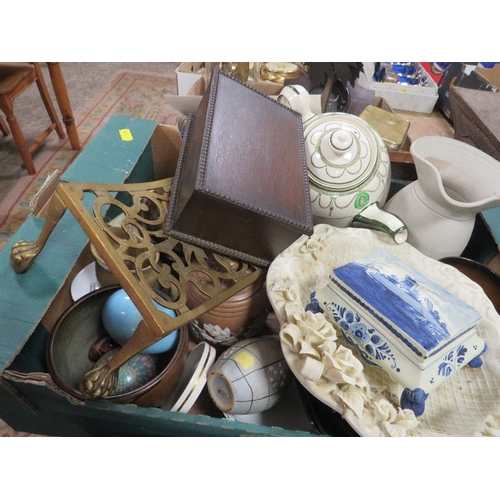 86 - Two trays of sundries to include clocks, metal ware and ceramics