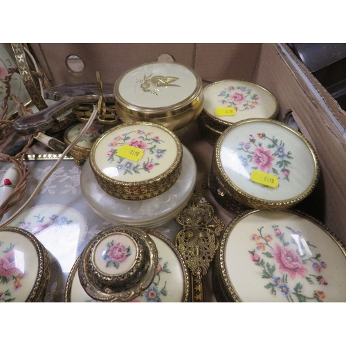 87 - A tray of vintage Petit Point dressing table items to include candlesticks, dressing table tray, eas... 