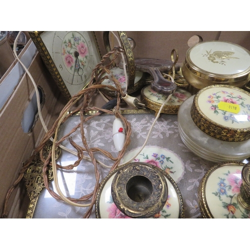 87 - A tray of vintage Petit Point dressing table items to include candlesticks, dressing table tray, eas... 