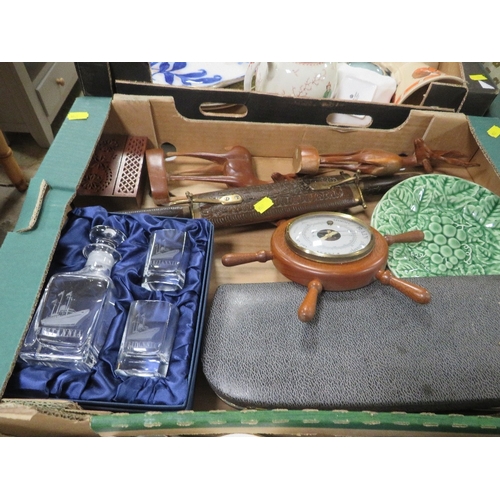 97 - Three trays of collectables, china, wood etc