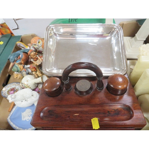 98 - Two trays of ceramics to include Leedsware candlesticks, treen desk stand etc