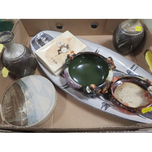 99 - A tray of Studio ceramics together with a tray of Oriental style ceramics and a tray of metal ware (... 