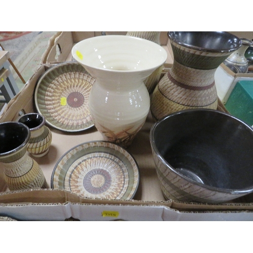 99 - A tray of Studio ceramics together with a tray of Oriental style ceramics and a tray of metal ware (... 