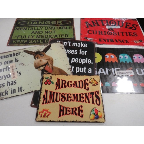 128 - A selection of assorted vintage style metal signs to include Snap- On Tools, Pacman etc.,