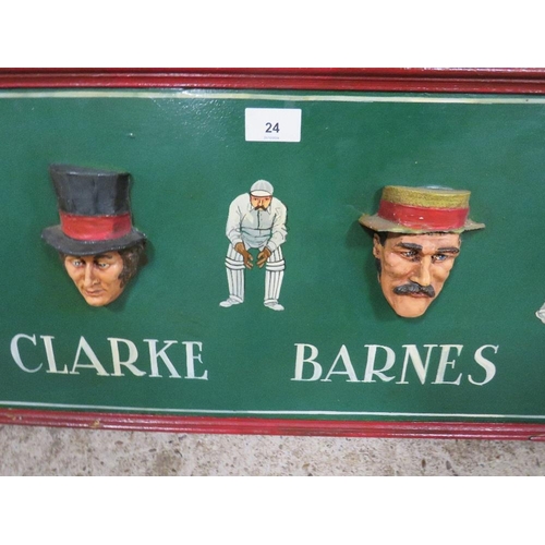 24 - A cricketing character board with famous cricketers from the past in relief 31 x 184 cm