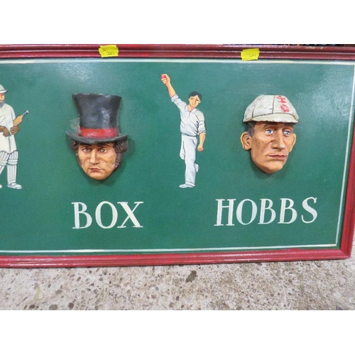 24 - A cricketing character board with famous cricketers from the past in relief 31 x 184 cm