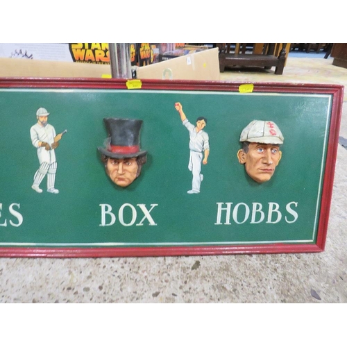 24 - A cricketing character board with famous cricketers from the past in relief 31 x 184 cm