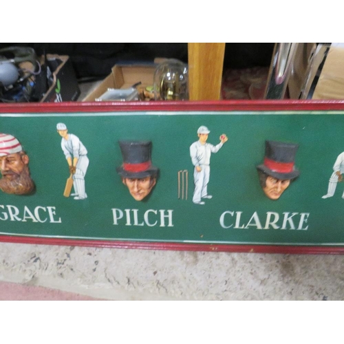 24 - A cricketing character board with famous cricketers from the past in relief 31 x 184 cm