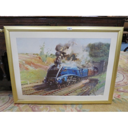 26 - Three framed locomotive prints to include Phillip Hawkins, together with a motor racing print (4)