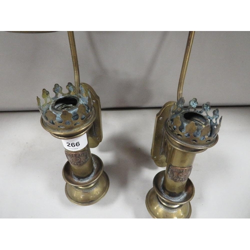 266 - A pair of brass wall mounted adjustable paraffin lamp holders stamped White Star Liverpool