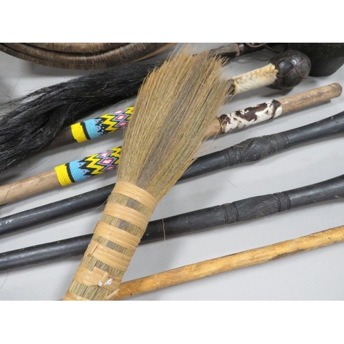 270 - A quantity of African tribal items to include a beaded Zulu stabbing spear, a beaded staf fly whip, ... 