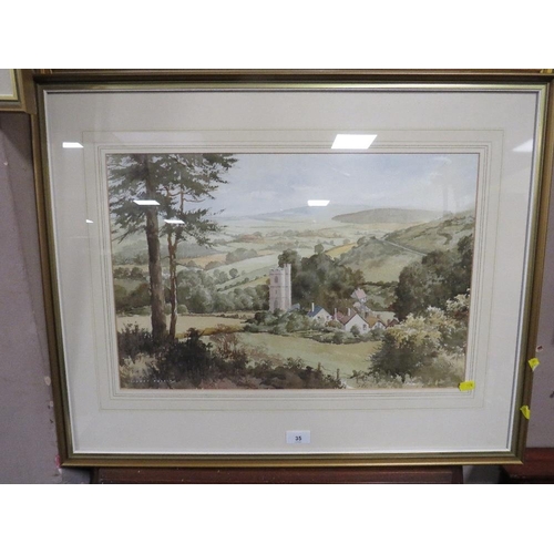 35 - A Sidney Perrin watercolor of a country landscape with church in the background