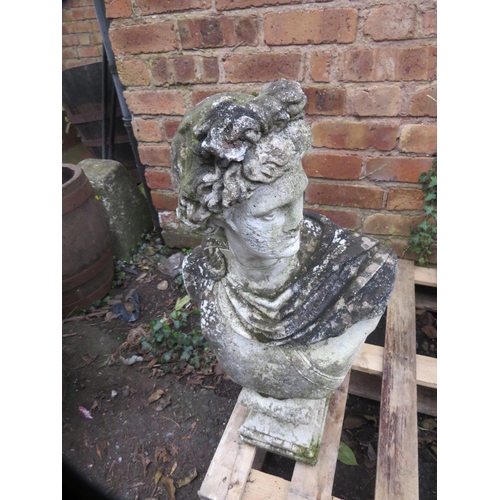 604 - Three concrete garden statues to include a bust and a birdbath