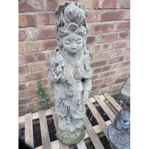 604 - Three concrete garden statues to include a bust and a birdbath