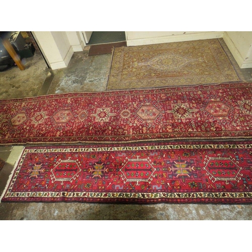 813 - Three rugs to include two runners - 390 cm x 93 cm, 298 cm, x 66 cm and a silk rug 125 x 200 cm (3)