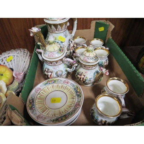 279 - A Capo Di Monte tea set together with a Capo Di Monte Fruit basket and a Capo Di Monte figure of a m... 