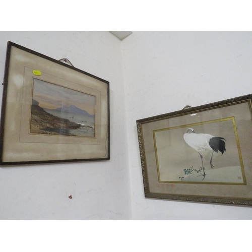 30 - An antique French map together with a sacred crane watercolour etc. (4)