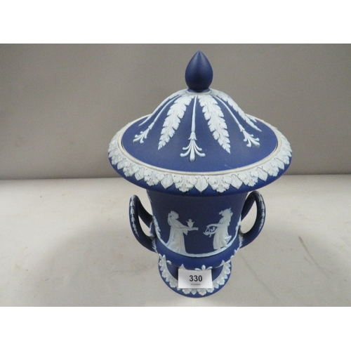 330 - A Wedgwood blue dip lidded twin handled Campana urn