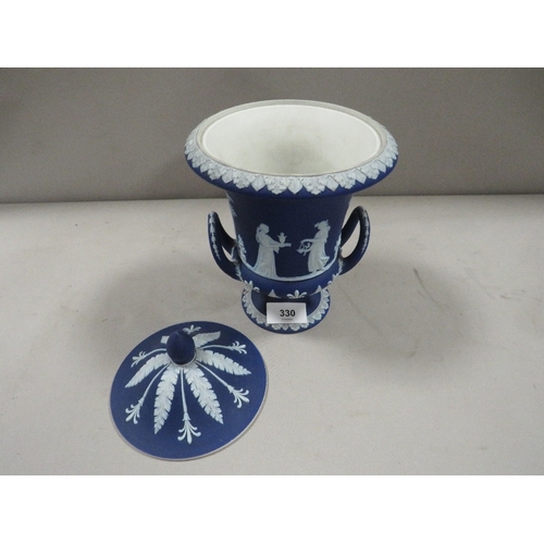 330 - A Wedgwood blue dip lidded twin handled Campana urn